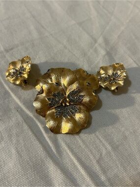FLAW ALFRED PHILIPPE RARE CROWN TRIFARI PANSY RHINESTONE BROOCH PIN CLIP EARRING
